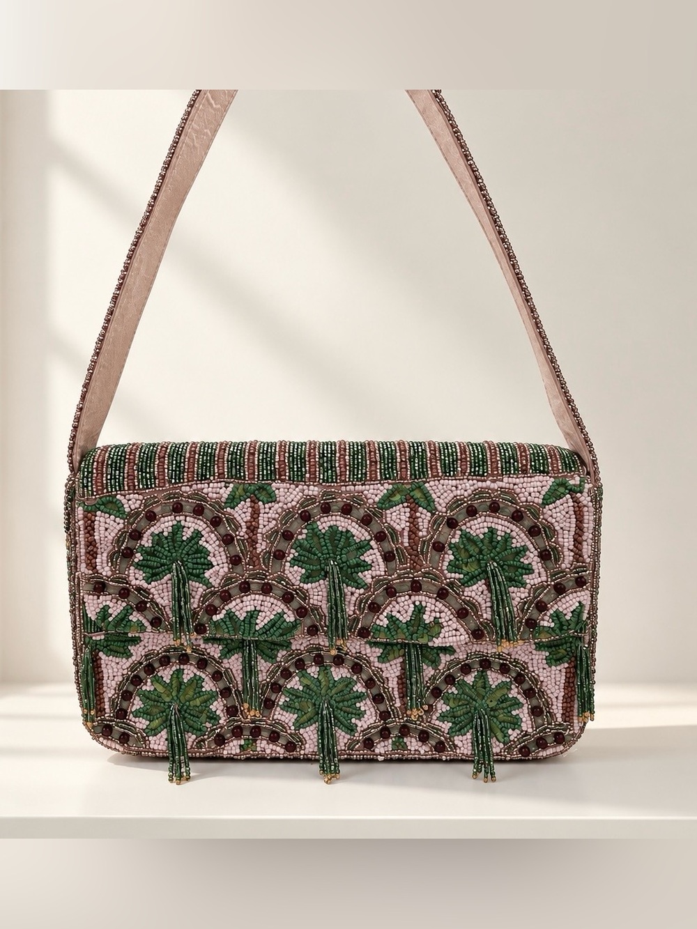 Beaded Palm-Pattern Shoulder Clutch in Pink and Green